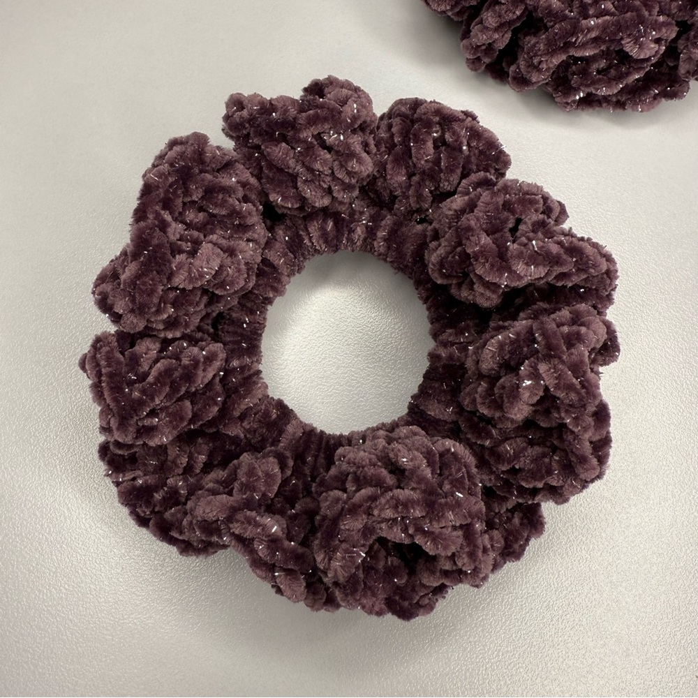 Velvet Plush Glitter Crochet Scrunchie - Set of 2 Handmade Deep Purple Glitter